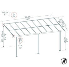 Technische Zeichnung einer Terrassenüberdachung mit Maßen in Zentimeter und Zoll (Image AI modified or generated)