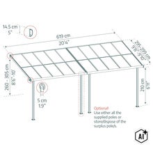 Technische Zeichnung einer Terrassenüberdachung mit Bemaßung, 619 cm Breite, 295-299 cm Tiefe und variabler Montagehöhe von 260-305 cm. (Image AI modified or generated)