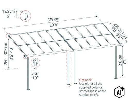 Technische Zeichnung einer Terrassenüberdachung mit Bemaßung, 619 cm Breite, 295-299 cm Tiefe und variabler Montagehöhe von 260-305 cm. (Image AI modified or generated)