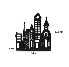 Schwarze Metall-Dekoration Stadt-Silhouette mit Kirche und Häusern, Breite 30 Zentimeter, Höhe 32,5 Zentimeter, Tiefe 8 Zentimeter.