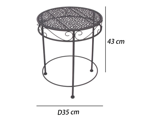 Runder Metall-Beistelltisch mit gelochter Platte und Ziermustern, Höhe 43 Zentimeter, Durchmesser 35 Zentimeter.