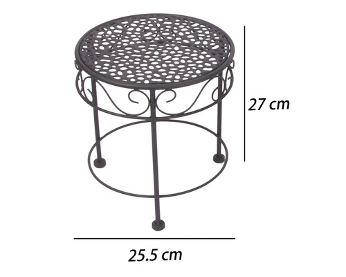 Schwarzer Metall-Pflanzenständer mit runder perforierter Platte, Höhe 27 Zentimeter, Durchmesser 25,5 Zentimeter.