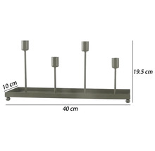 Moderner Kerzenhalter aus Metall für vier Kerzen mit rechteckigem Tablett und Kugelfüßen, 40 Zentimeter breit, 10 Zentimeter tief und 19,5 Zentimeter hoch.
