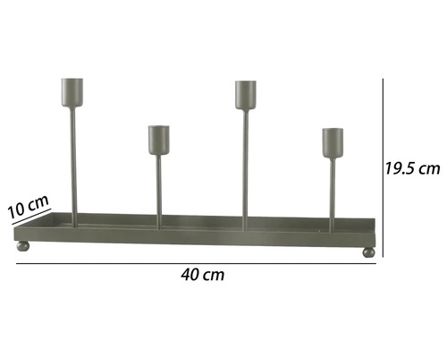 Moderner Kerzenhalter aus Metall für vier Kerzen mit rechteckigem Tablett und Kugelfüßen, 40 Zentimeter breit, 10 Zentimeter tief und 19,5 Zentimeter hoch.