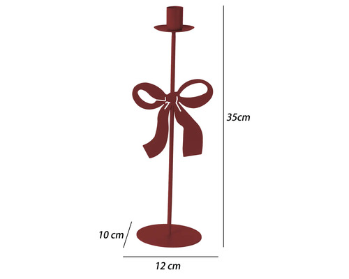 Roter Kerzenständer aus Metall mit Schleife, Höhe 35 Zentimeter, Breite 12 Zentimeter, Tiefe 10 Zentimeter.