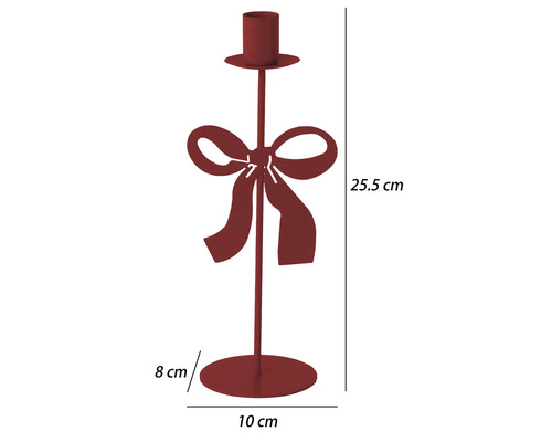 Roter Kerzenständer aus Metall mit dekorativer Schleife, Höhe 25,5 Zentimeter, Breite 10 Zentimeter, Tiefe 8 Zentimeter.