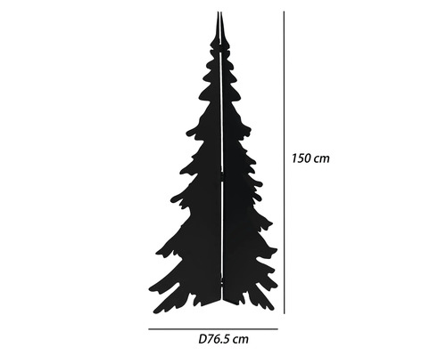 Schwarze Tannenbaum-Silhouette aus Metall, 150 Zentimeter hoch, 76,5 Zentimeter Durchmesser.