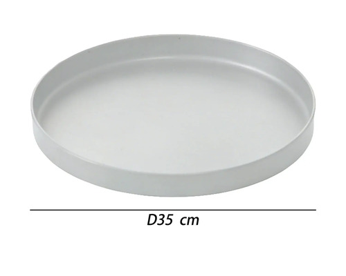 Runder grauer Pflanzenuntersetzer mit einem Durchmesser von 35 Zentimeter.