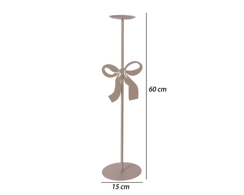Kerzenständer aus Metall in Beige mit dekorativer Schleife, Höhe 60 Zentimeter, Durchmesser 15 Zentimeter.