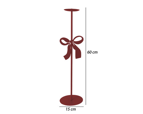 Roter Kerzenständer aus Metall mit dekorativer Schleife, Höhe 60 Zentimeter, Fußdurchmesser 15 Zentimeter.
