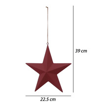 Sternförmiger Weihnachtsanhänger aus Metall in Rot, 22,5 Zentimeter breit und 39 Zentimeter hoch inklusive Kordel.