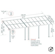 Technische Zeichnung mit Maßangaben für eine Terrassenüberdachung mit einstellbarer Höhe und Breite sowie optionalen Stützpfosten. (Image AI modified or generated)