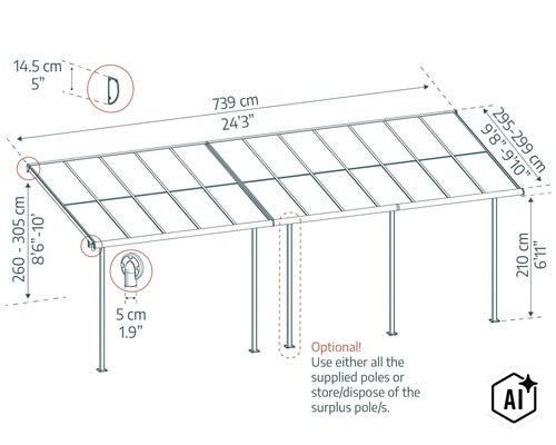 Technische Zeichnung mit Maßangaben für eine Terrassenüberdachung mit einstellbarer Höhe und Breite sowie optionalen Stützpfosten. (Image AI modified or generated)
