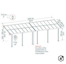 Technische Zeichnung einer Terrassenüberdachung mit Bemaßung in Zentimetern und Angaben zu optionalen Stützpfosten. (Image AI modified or generated)
