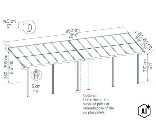 Technische Zeichnung einer Terrassenüberdachung mit Bemaßung in Zentimetern und Angaben zu optionalen Stützpfosten. (Image AI modified or generated)