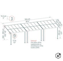 Technische Zeichnung einer Terrassenüberdachung mit Bemaßung in Zentimetern und Angaben zu optionalen Pfosten. (Image AI modified or generated)