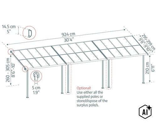 Technische Zeichnung einer Terrassenüberdachung mit Bemaßung in Zentimetern und Angaben zu optionalen Pfosten. (Image AI modified or generated)