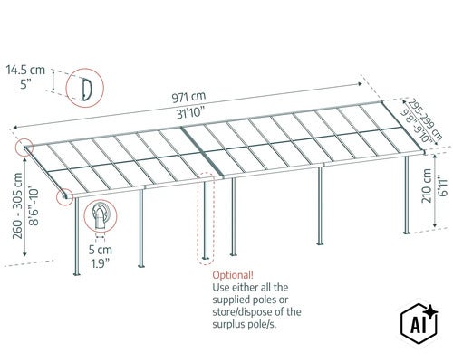 Technische Zeichnung einer Terrassenüberdachung mit detaillierten Maßen und optionalen Stützen. (Image AI modified or generated)