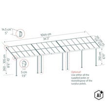 Technische Zeichnung mit Maßen für eine Terrassenüberdachung mit Pfosten in der Übersicht. (Image AI modified or generated)
