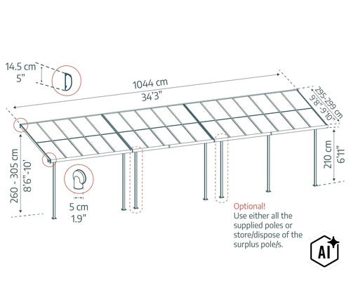 Technische Zeichnung mit Maßen für eine Terrassenüberdachung mit Pfosten in der Übersicht. (Image AI modified or generated)