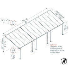 Technische Zeichnung mit Maßen für eine Terrassenüberdachung mit Pfosten inklusive optionaler Nutzungshinweise. (Image AI modified or generated)
