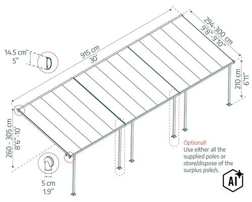 Technische Zeichnung mit Maßen für eine Terrassenüberdachung mit Pfosten inklusive optionaler Nutzungshinweise. (Image AI modified or generated)