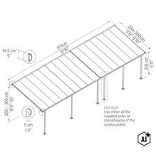 Technische Zeichnung einer Terrassenüberdachung mit Bemaßung in Zentimeter und Zoll inklusive optionaler Pfostenplatzierung. (Image AI modified or generated)