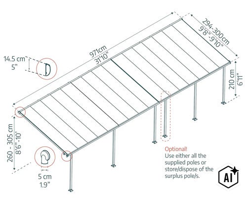 Technische Zeichnung einer Terrassenüberdachung mit Bemaßung in Zentimeter und Zoll inklusive optionaler Pfostenplatzierung. (Image AI modified or generated)