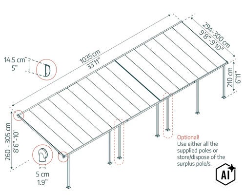 Technische Zeichnung einer Terrassenüberdachung mit detaillierten Bemaßungen in Zentimeter und Zoll sowie Hinweisen zur Montage der Pfosten. (Image AI modified or generated)