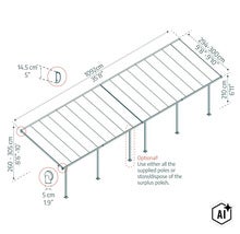Technische Zeichnung einer Terrassenüberdachung mit Bemaßung und optionalen Stützen (Image AI modified or generated)