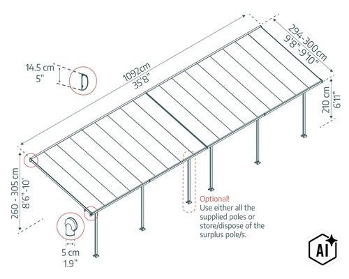 Technische Zeichnung einer Terrassenüberdachung mit Bemaßung und optionalen Stützen (Image AI modified or generated)