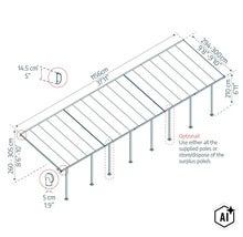 Technische Zeichnung einer Terrassenüberdachung mit detaillierten Bemaßungen der Länge, Breite, Höhe und der optionalen Pfosten. (Image AI modified or generated)