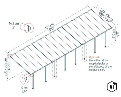Technische Zeichnung einer Terrassenüberdachung mit detaillierten Bemaßungen der Länge, Breite, Höhe und der optionalen Pfosten. (Image AI modified or generated)