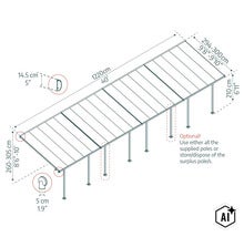 Technische Zeichnung einer Terrassenüberdachung mit Maßen und optionalen Pfosten. (Image AI modified or generated)