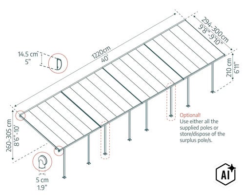 Technische Zeichnung einer Terrassenüberdachung mit Maßen und optionalen Pfosten. (Image AI modified or generated)