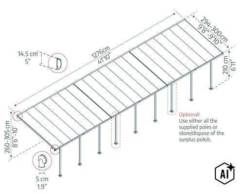 Technische Zeichnung einer Terrassenüberdachung mit detaillierten Maßangaben in Zentimetern und Fuß zur Montage und Planung. (Image AI modified or generated)