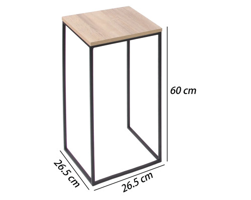 Blumentisch mit Holzplatte und schwarzem Metallgestell, Höhe 60 Zentimeter, Breite 26,5 Zentimeter, Tiefe 26,5 Zentimeter.
