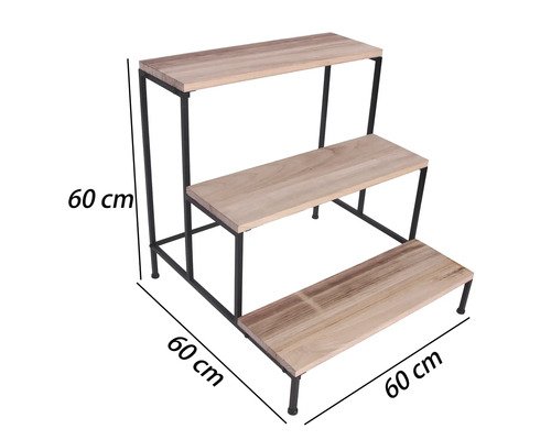 Dreistufige Pflanztreppe aus Holz und schwarzem Metall, Maße 60 mal 60 mal 60 Zentimeter.