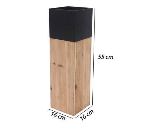Quadratischer Pflanzkübel mit hohem Holzsockel und schwarzem Aufsatz, 16 mal 16 mal 55 Zentimeter.