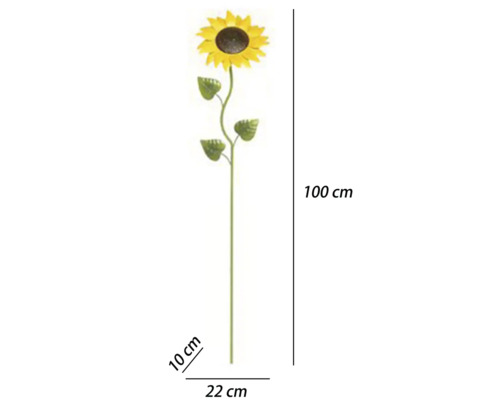 Gartenstecker Sonnenblume aus Metall, Höhe 100 Zentimeter, Breite 22 Zentimeter, Tiefe 10 Zentimeter, gelb und grün.
