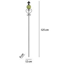 Gartenstab aus Metall mit Keramikkugel und Lilien-Abschluss, Höhe 125 Zentimeter, Breite 12 Zentimeter, Tiefe 9 Zentimeter.