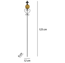 Gartenstab aus Metall mit gelbem Ornament und Lilie, 125 Zentimeter hoch, 12 Zentimeter breit und 9 Zentimeter tief.