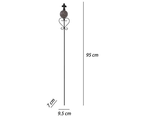 Dekorativer Gartenstab mit Glaskugel und Lilien-Aufsatz. Höhe 95 Zentimeter, Breite 9,5 Zentimeter, Tiefe 7 Zentimeter.