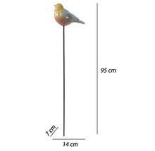 Gartenstecker Vogel aus Keramik auf Metallstab, Höhe 95 Zentimeter, Breite 14 Zentimeter, Tiefe 7 Zentimeter.