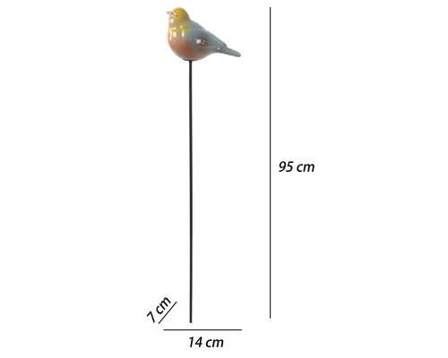 Gartenstecker Vogel aus Keramik auf Metallstab, Höhe 95 Zentimeter, Breite 14 Zentimeter, Tiefe 7 Zentimeter.