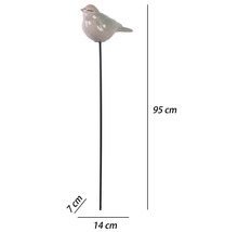 Gartenstecker mit Vogel aus Keramik auf Metallstab, Höhe 95 Zentimeter, Breite 14 Zentimeter, Tiefe 7 Zentimeter.