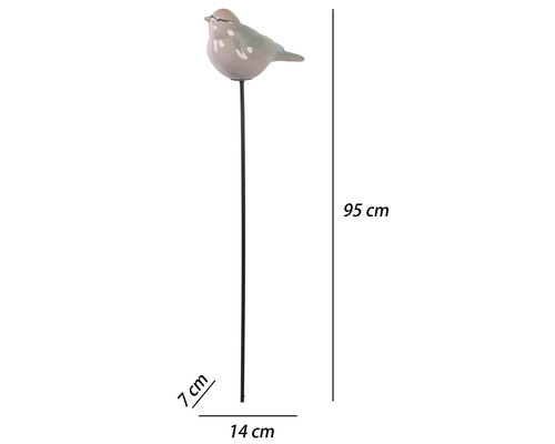 Gartenstecker mit Vogel aus Keramik auf Metallstab, Höhe 95 Zentimeter, Breite 14 Zentimeter, Tiefe 7 Zentimeter.