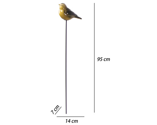Gartenstecker Vogel aus Keramik mit Metallstab, Höhe 95 Zentimeter, Breite 14 Zentimeter, Tiefe 7 Zentimeter.