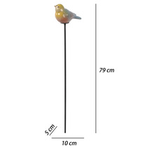 Bunter Gartenstecker mit Vogelfigur, Höhe 79 Zentimeter, Breite 10 Zentimeter, Tiefe 5 Zentimeter.