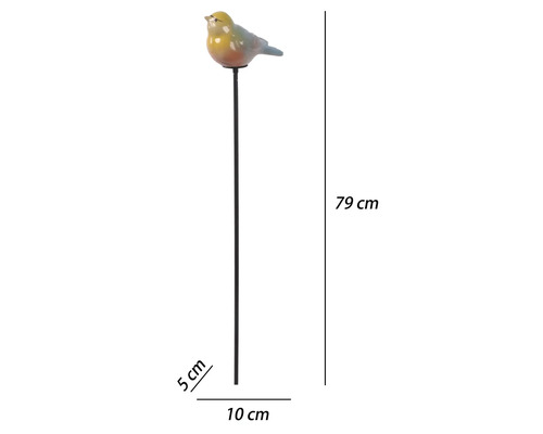 Bunter Gartenstecker mit Vogelfigur, Höhe 79 Zentimeter, Breite 10 Zentimeter, Tiefe 5 Zentimeter.